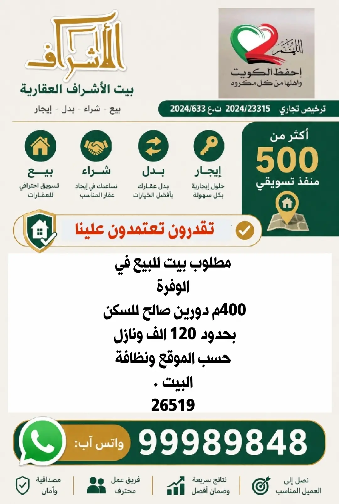 للبيع بيت في الوفرة السكنية