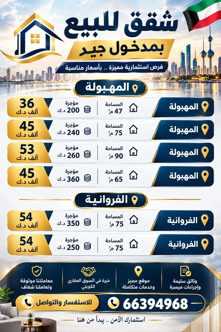 للبيع شقة في الفروانية